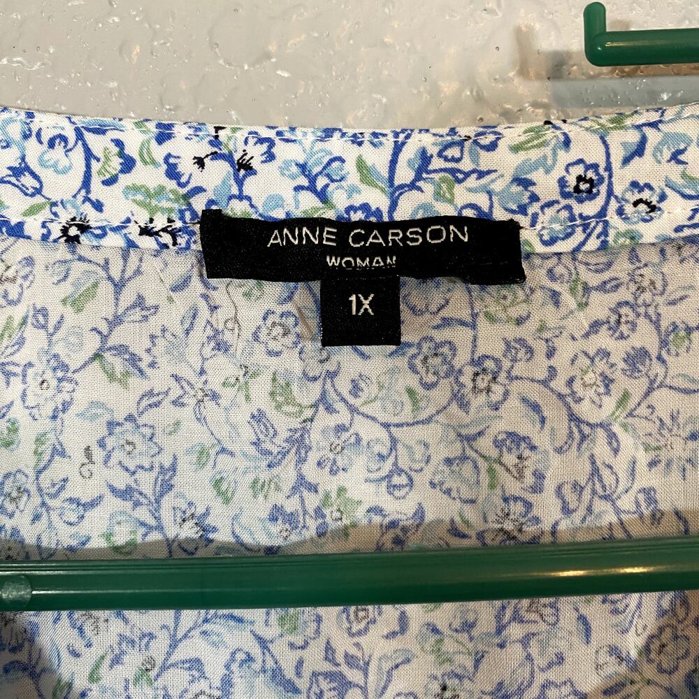 Anne Carson 1x Womens White Blue Blouse Button Floral Blue Green 3/4 Sleeve - Picture 3 of 7
